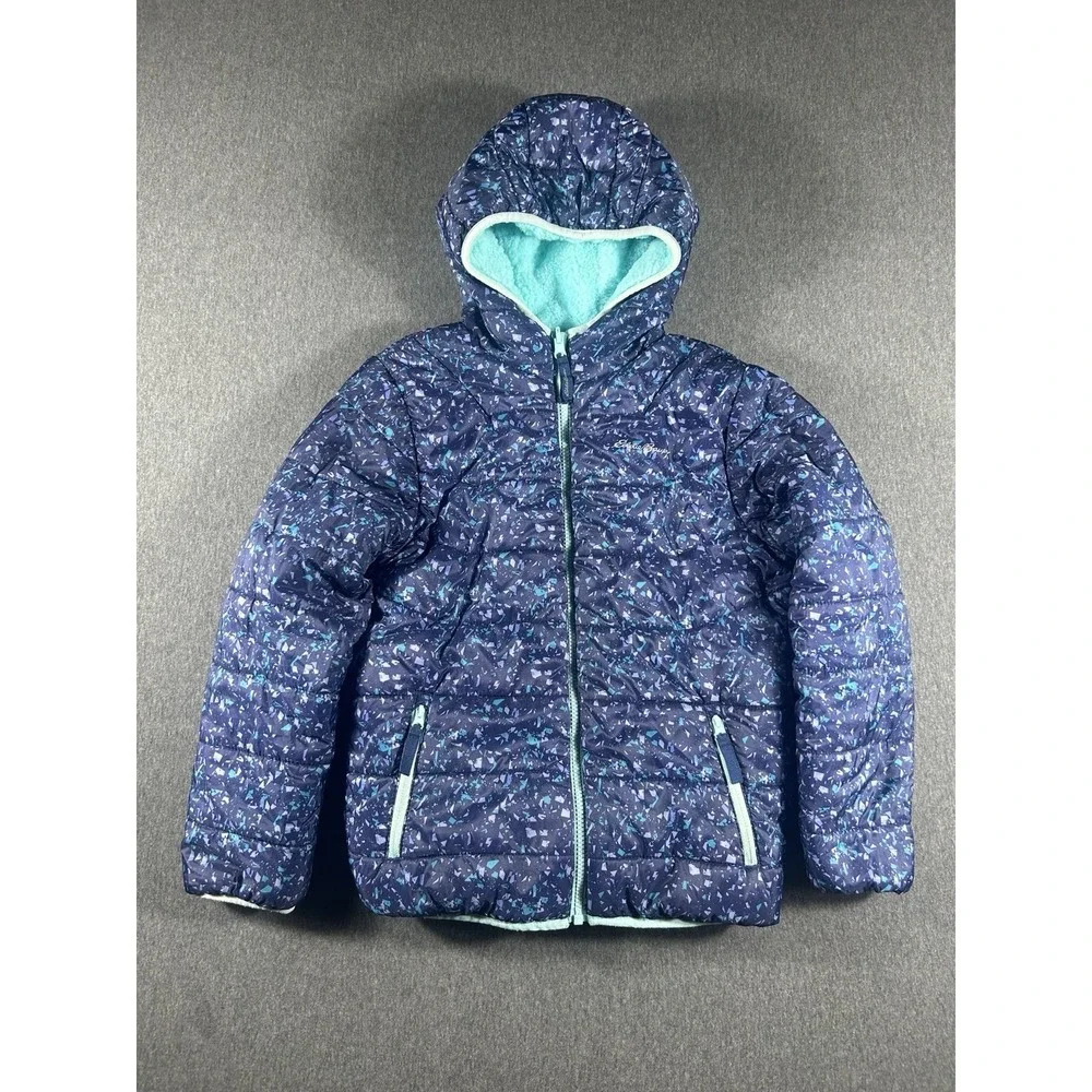 Eddie Bauer Kids Reversible Hooded Jacket Blue Pattern Teal Fleece M(10-12)